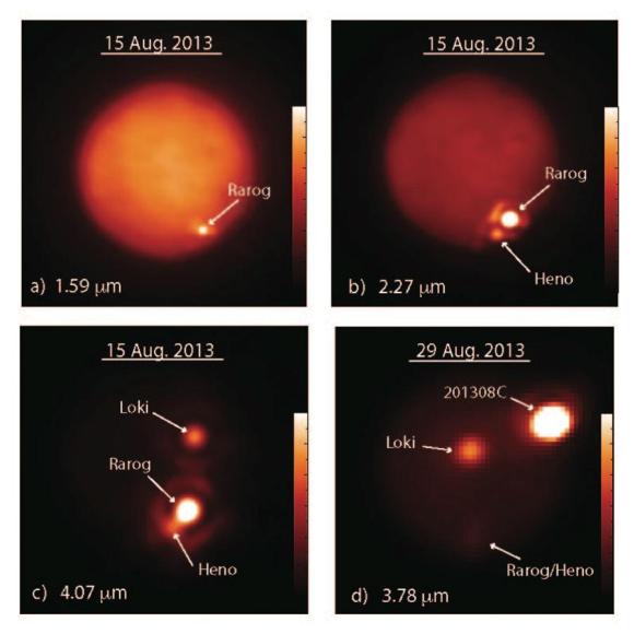 Positionen und Ablauf der drei starken Eruptionen auf dem Jupitermond Io. (NSF / NASA / JPL-Caltech / UC Berkeley / Gemini Observatory / W. M. Keck Observatory)