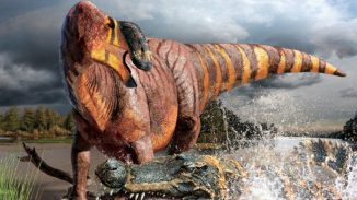 Illustration eines Exemplars der neuen Dinosaurierart Rhinorex condrupus in seinem Lebensraum. (Terry Gates)