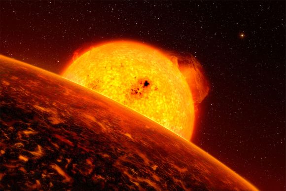 Künstlerische Darstellung des Exoplaneten CoRoT-7b vor seinem Stern. (ESO / L. Calcada)