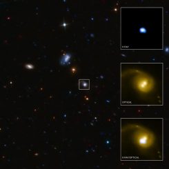 Detailaufnahmen des Systems CID-42. Man erkennt zwei optische Lichtquellen, aber nur eine Quelle für Röntgenstrahlung. (X-ray: NASA / CXC / SAO / F.Civano et al; Optical: NASA / STScI; Optical (wide field): CFHT, NASA / STScI)