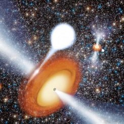 Künstlerische Darstellung der beiden Schwarzen Löcher im Kugelsternhaufen Messier 22. (Benjamin de Bivort; Strader, et al.; NRAO / AUI / NSF)