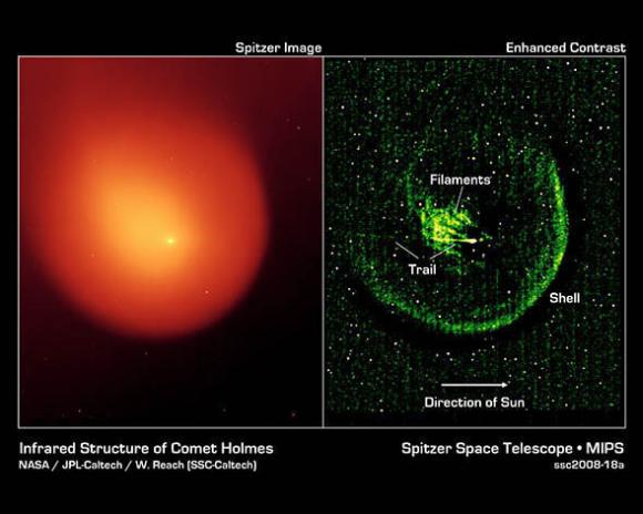 Normale Infrarotansicht des Kometen 17/P Holmes (links) und eine verbesserte Aufnahme (rechts). (NASA / JPL-Caltech / W. Reach (SSC-Caltech))