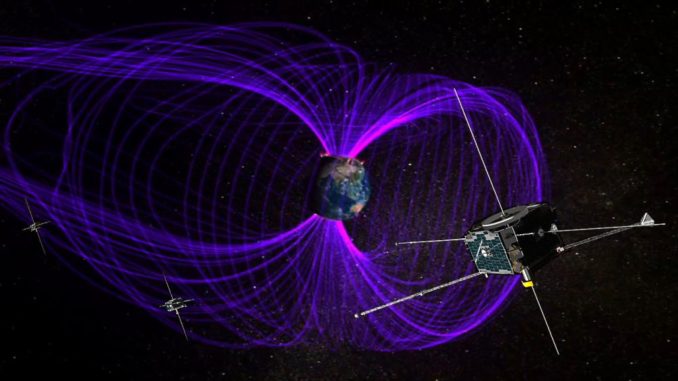 Illustration der THEMIS-Satelliten bei der Beobachtung der Erdmagnetosphäre. (Credits: NASA)