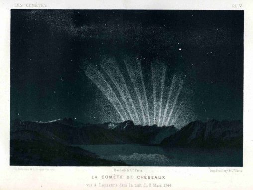 Eine Zeichnung der sechs Schweife des Großen Kometen von 1744, beobachtet vor dem Sonnenaufgang am 9. März 1744 von Amédée Guillemin. (Credits: Paris Observatory)