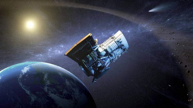 Künstlerische Darstellung des Wide-Fied Infrared Survey Explorer (WISE), der im Rahmen der NEOWISE-Mission nach erdnahen Asteroiden sucht. (Credits: NASA / JPL-Caltech)