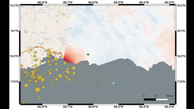 Diese Karte zeigt Veränderungen und Verschiebungen des Bodens in den östlichen zwei Dritteln Puerto Ricos aufgrund eines Erdbebens der Stärke 6,4. (Credits: NASA / JPL-Caltech, ESA, USGS)