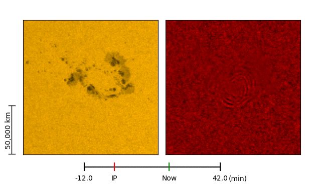 Ausschnitt aus einer Animation eines Sonnenbebens, das auf einen Flare folgte. Die wellenförmigen Strukturen sind rechts erkennbar. (Credits: NASA / SDO)