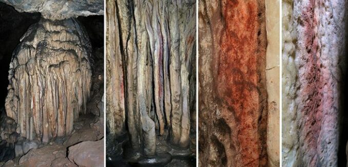 Tropfsteinformation mit Spuren roter Pigmente in der Cueva de Adales (Malaga, Andalusien). (Credits: © João Zilhão, ICREA)